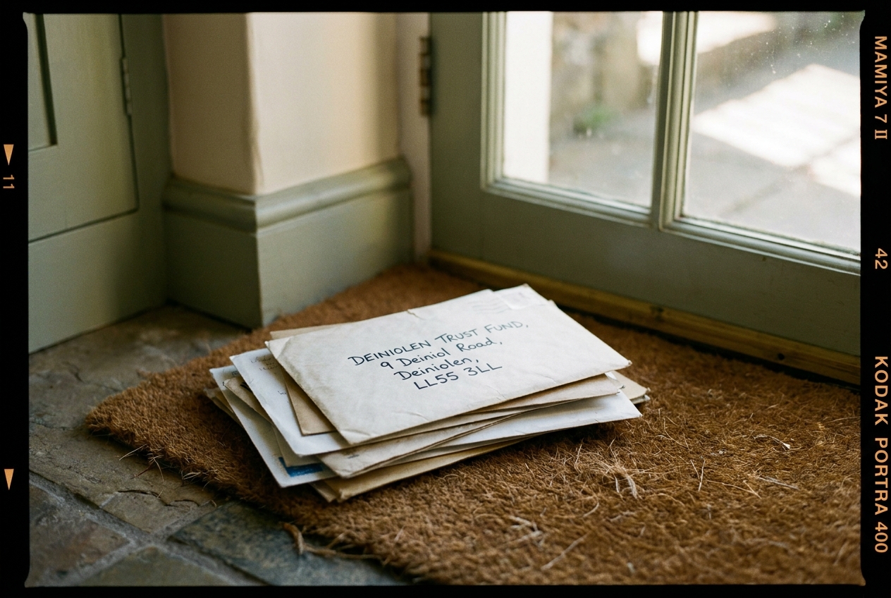 Envelopes on the doormat at 9 Deiniol Road, including one addressed to the Trust.