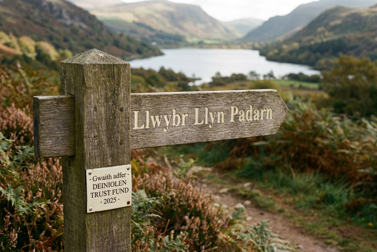 A wooden footpath fingerpost at the edge of Deiniolen pointing toward Llyn Padarn.