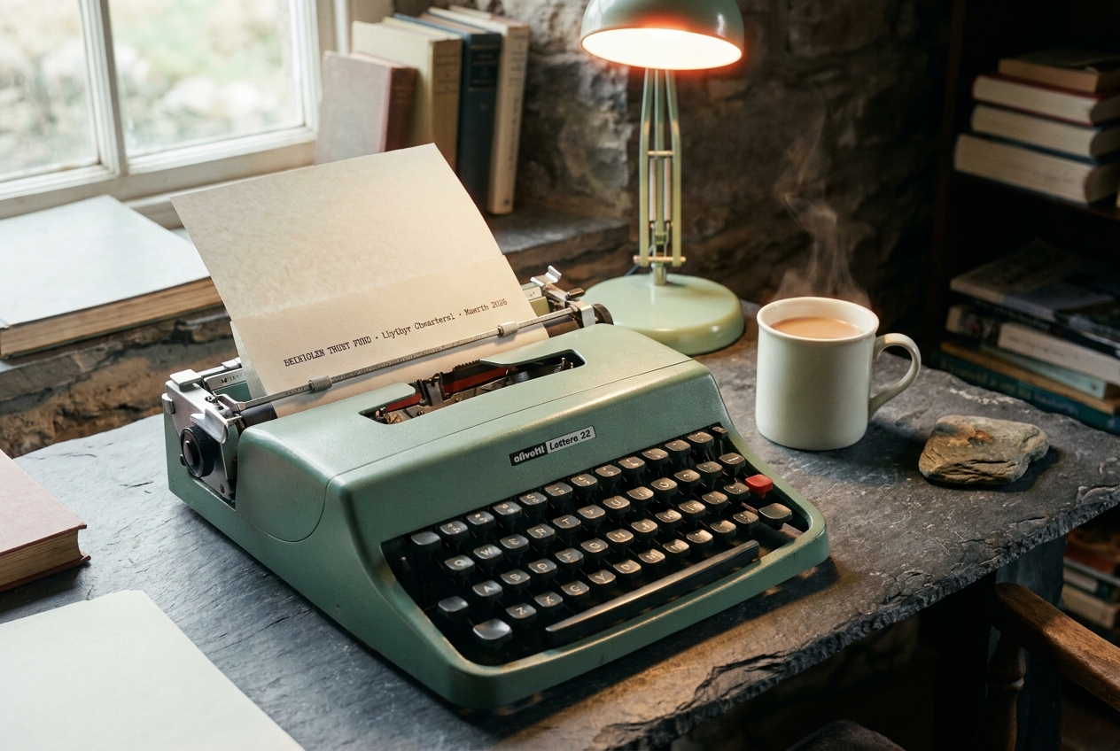 An Olivetti Lettera 32 typewriter with a half-typed Trust dispatch page in the platen.