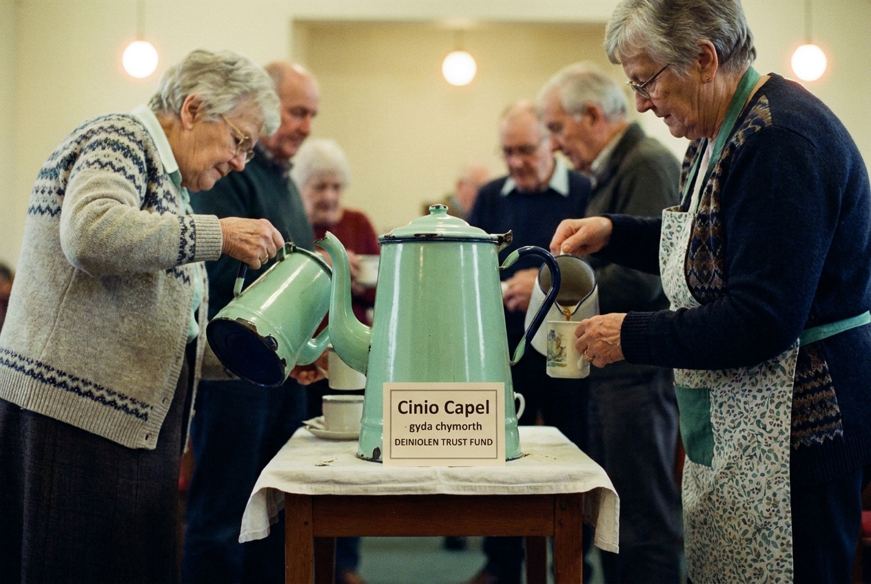 A large coffee pot at the back of Capel Bethel chapel with two older women pouring.