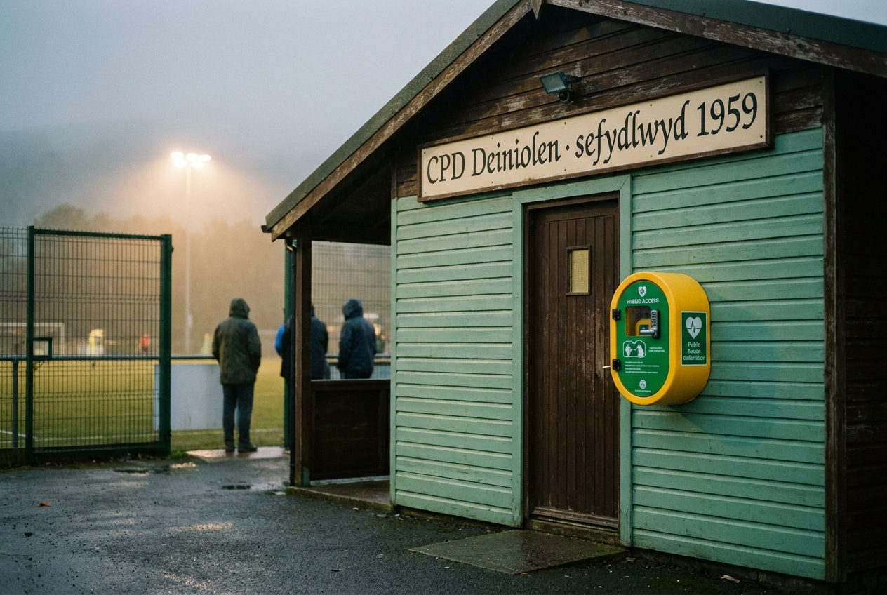 The wooden clubhouse of Clwb Pêl-droed Deiniolen on a damp evening.