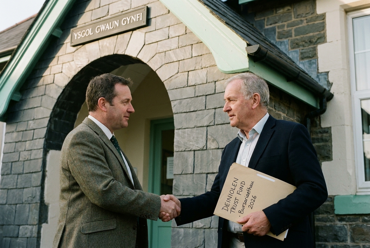 A head teacher and a trustee shaking hands in the doorway of Ysgol Gwaun Gynfi.