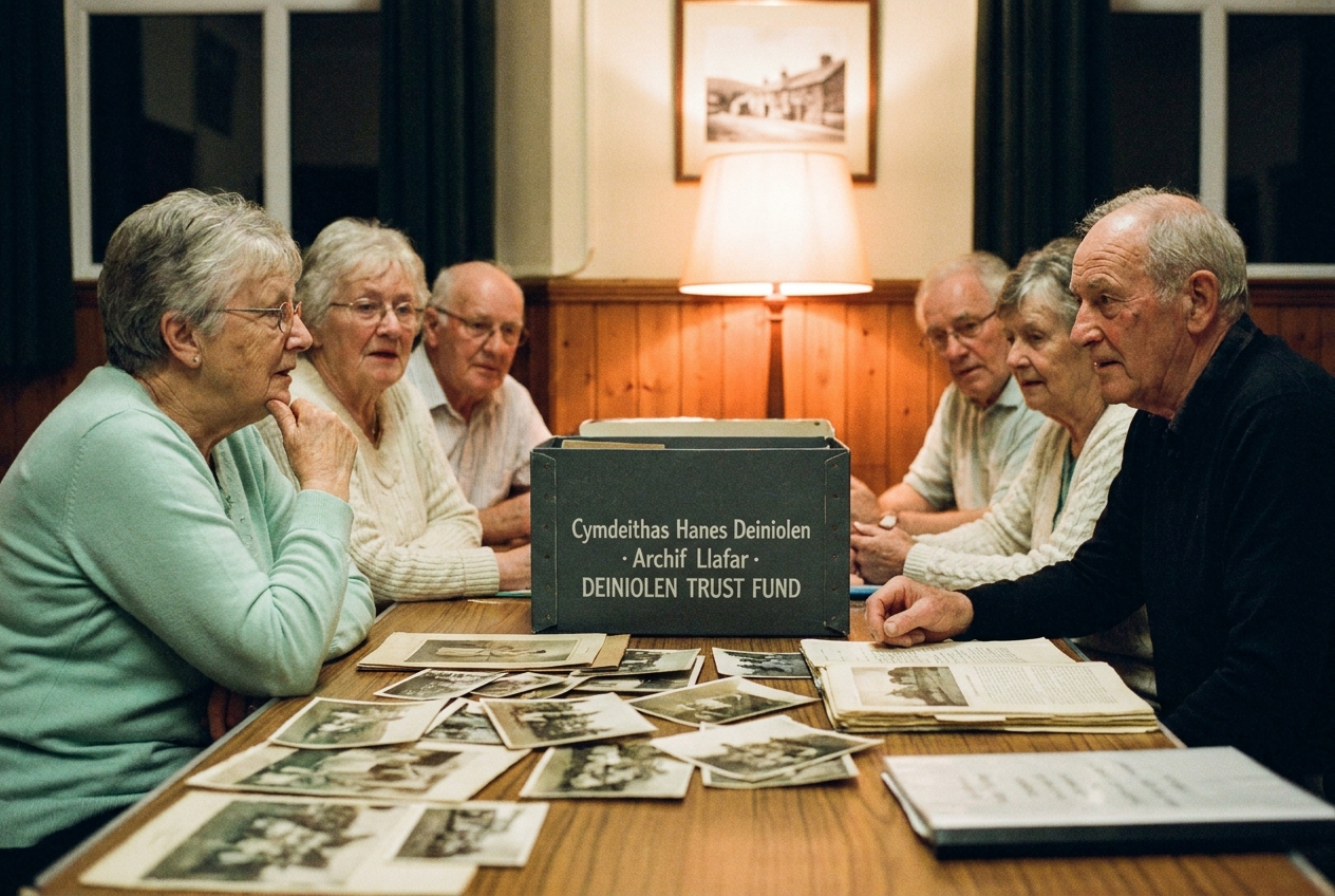 A meeting of Cymdeithas Hanes Deiniolen at the Memorial Hall with old photographs spread on a table.
