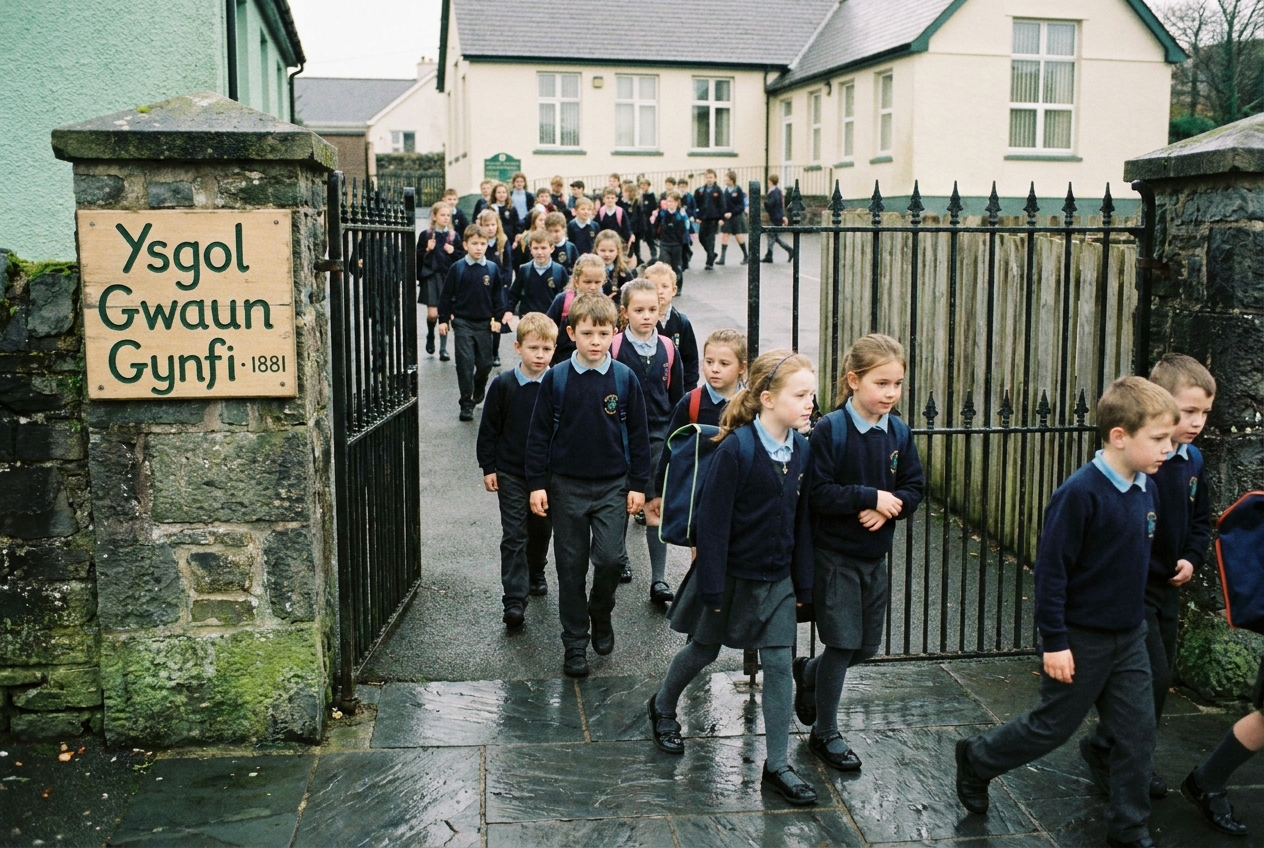 The Ysgol Gwaun Gynfi playground gate at home-time with children streaming out.