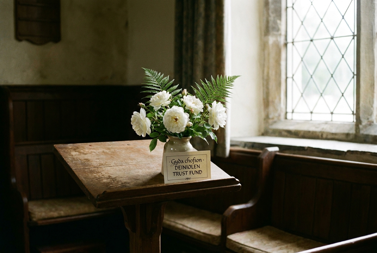 White roses on the Capel Bethel lectern with a sympathy card from the Trust.