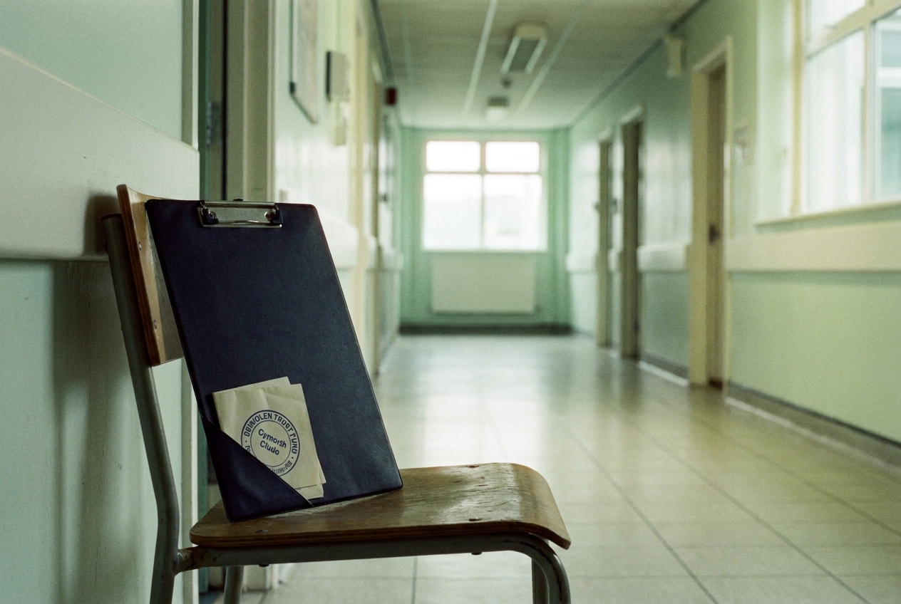 A hospital corridor at Ysbyty Gwynedd with a folded taxi voucher on a chair.