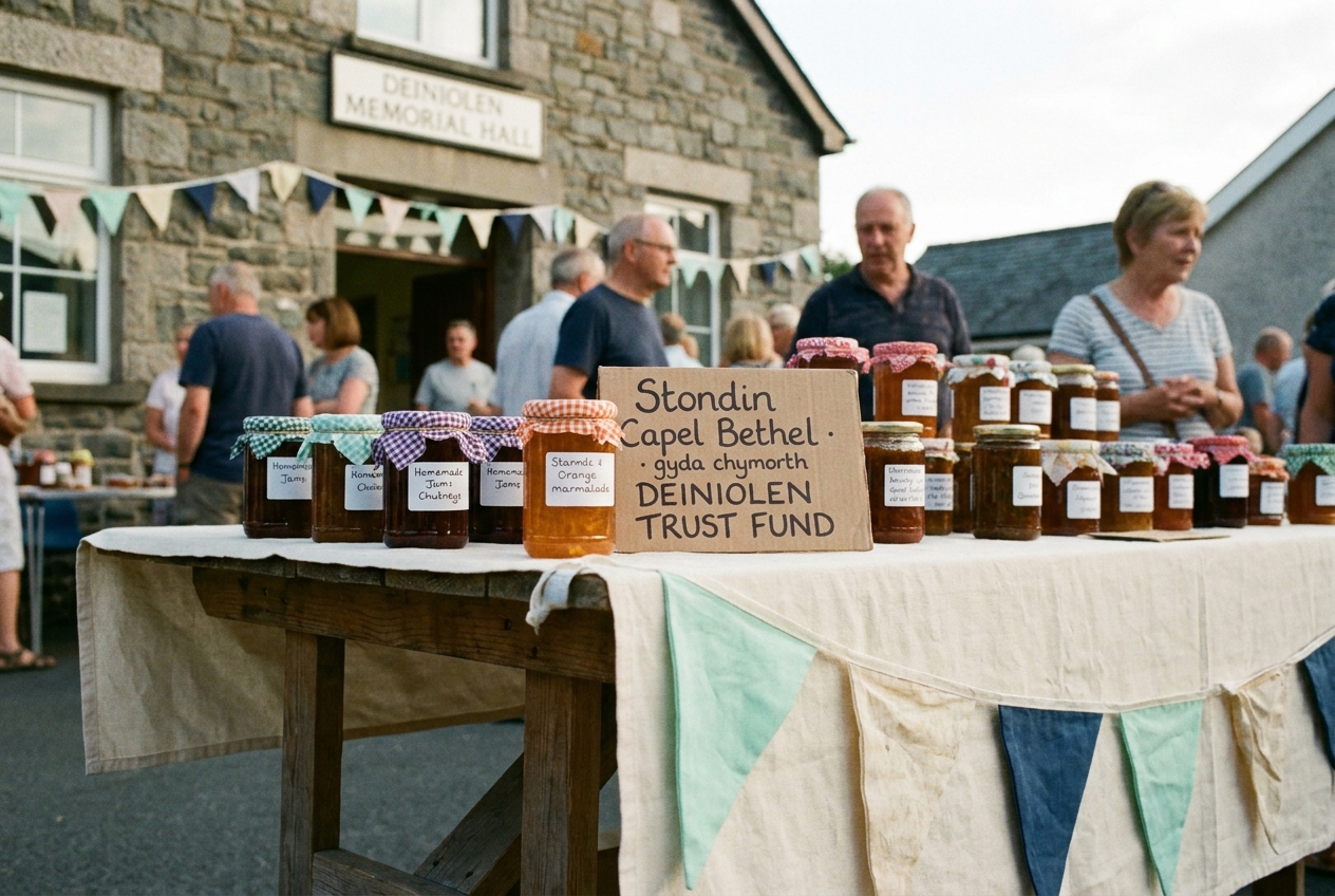 A jam stall at a village fete in front of the Memorial Hall with a Trust card on a jar.
