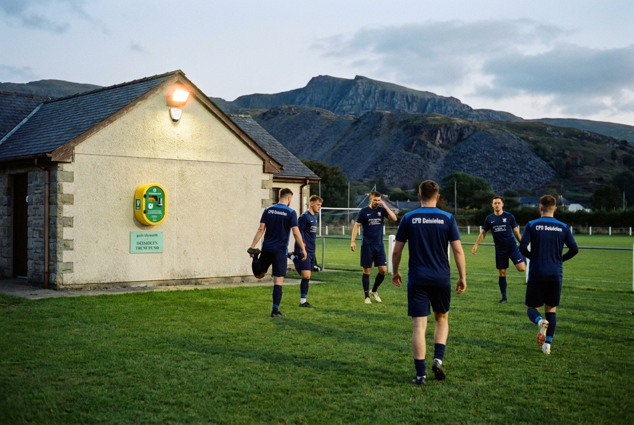Deiniolen football team warming up under floodlights with a new defibrillator cabinet on the clubhouse wall.
