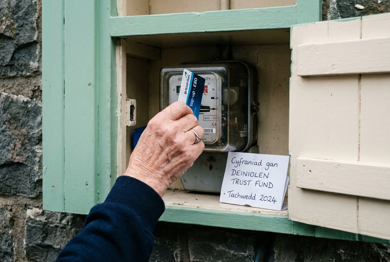 An older woman's hand sliding a fuel top-up card into a meter cupboard.