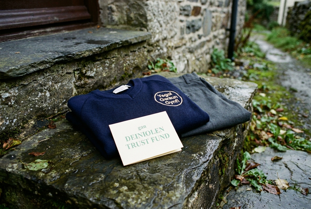 School jumper, trousers and a Trust note folded on a slate doorstep.