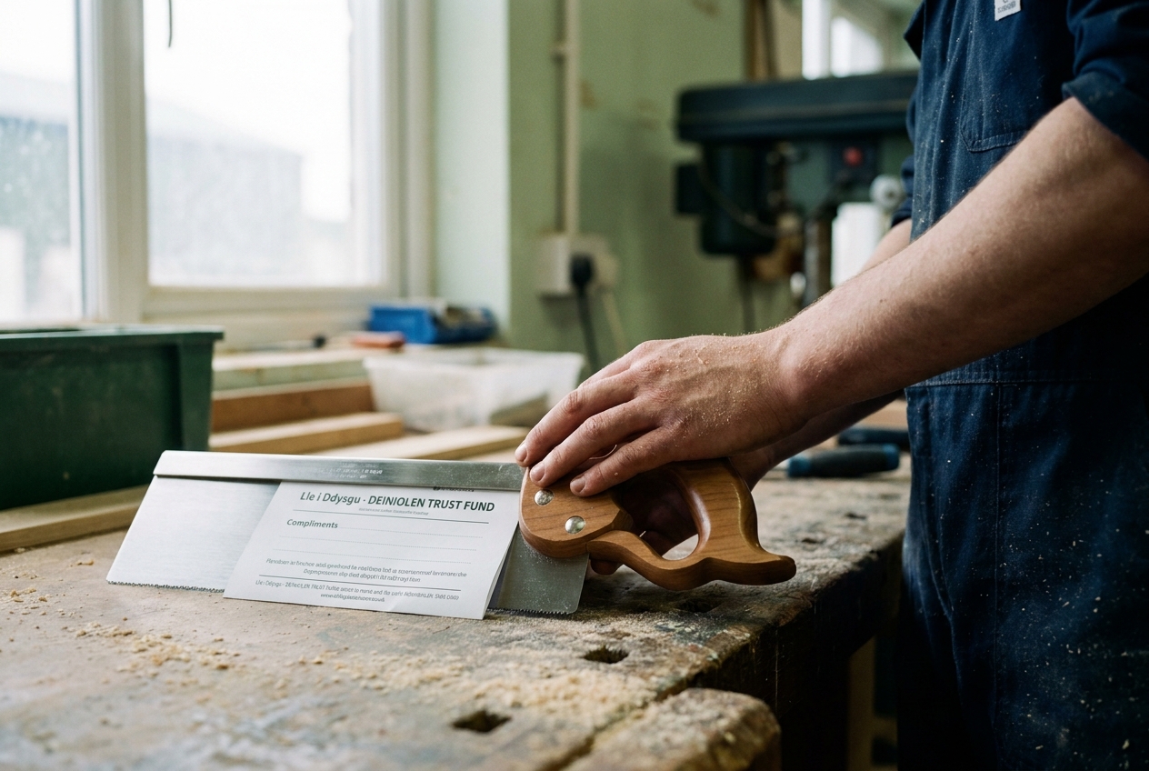 An apprentice joiner's hands on a new tenon saw, a Trust slip tucked under the handle.