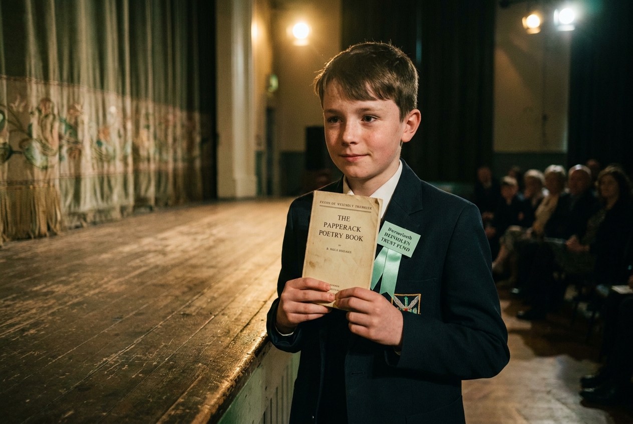 A Welsh schoolboy on a small Eisteddfod stage with a Trust ribbon at his blazer.