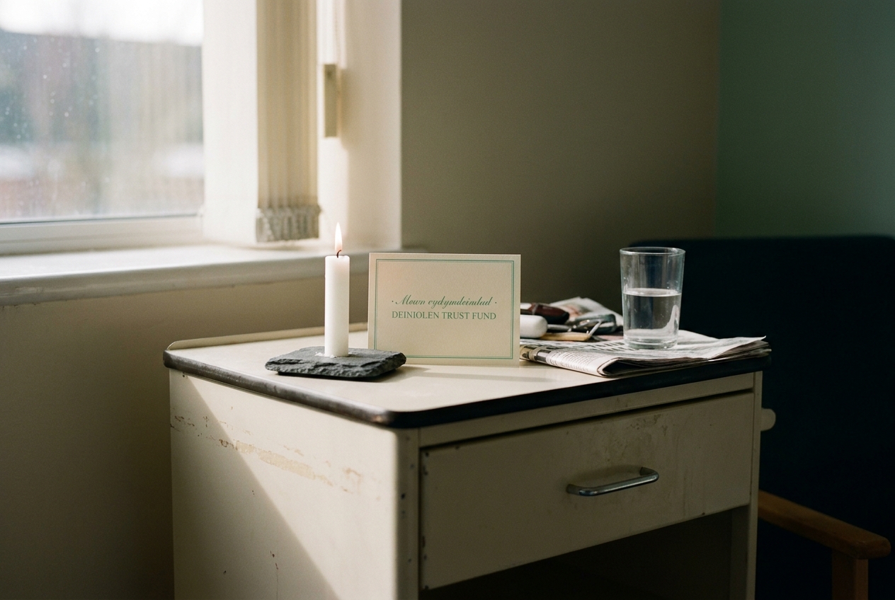 A single white candle and a sympathy card from the Trust on a hospital bedside locker.