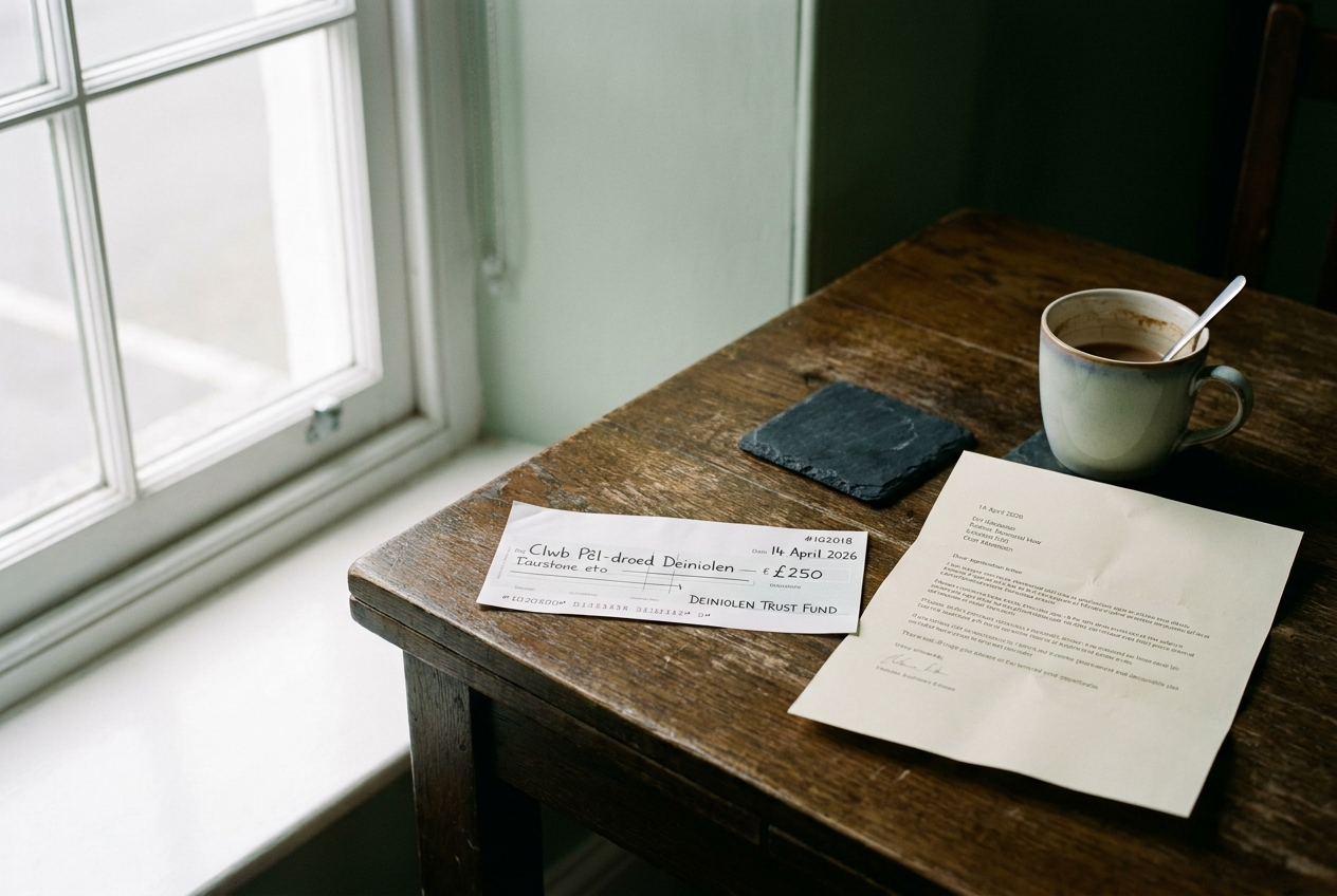 A small handwritten cheque on the table at Deiniolen Memorial Hall, made out to the village football club.