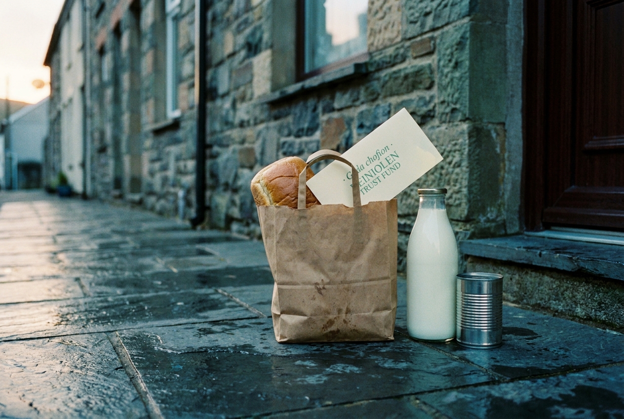 A small bag of groceries and a folded note on a slate doorstep in Deiniolen.