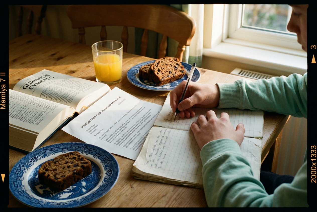 A teenager writing at a kitchen table, a Welsh dictionary open beside them and a bursary letter from the Trust slipped under it.
