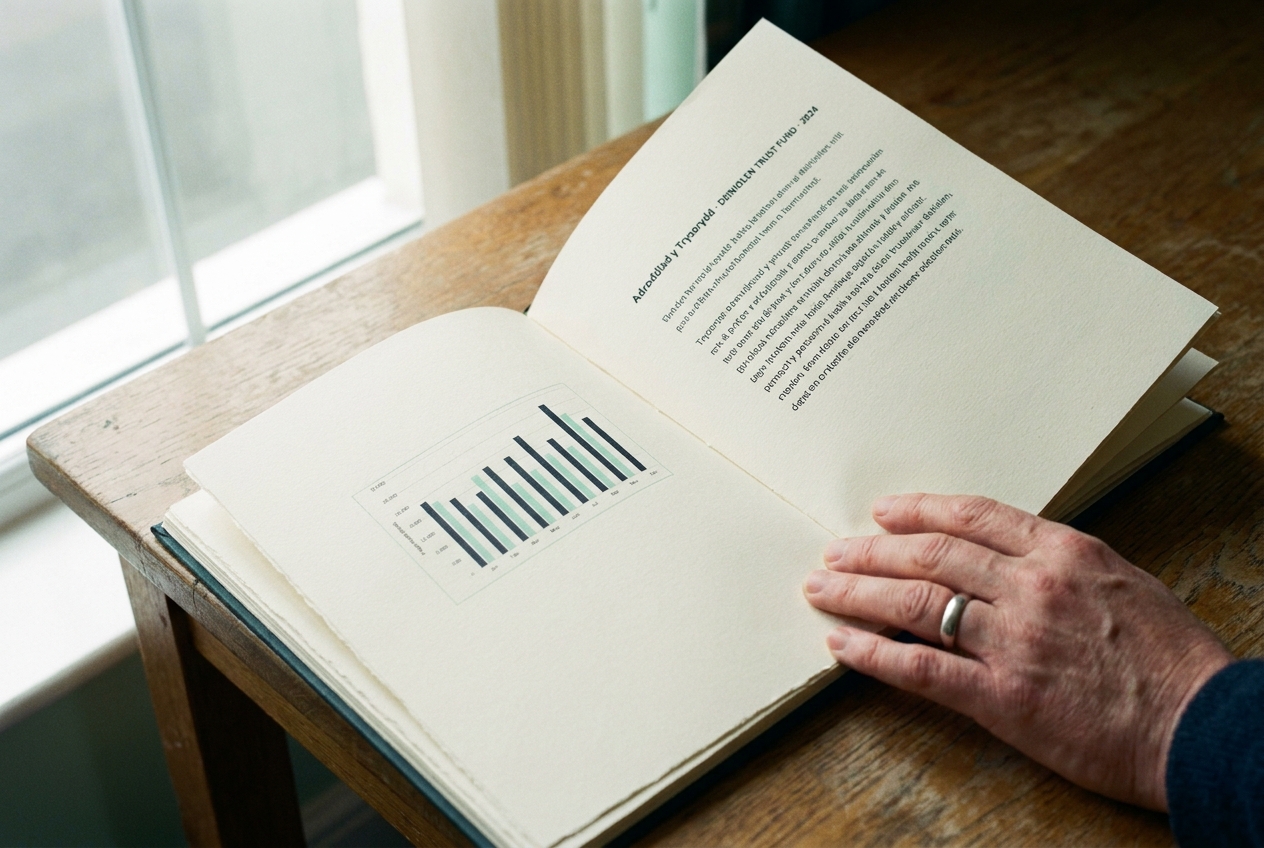 The open annual report on an oak table with a paragraph headed 'Adroddiad y Trysorydd · DEINIOLEN TRUST FUND · 2024'.