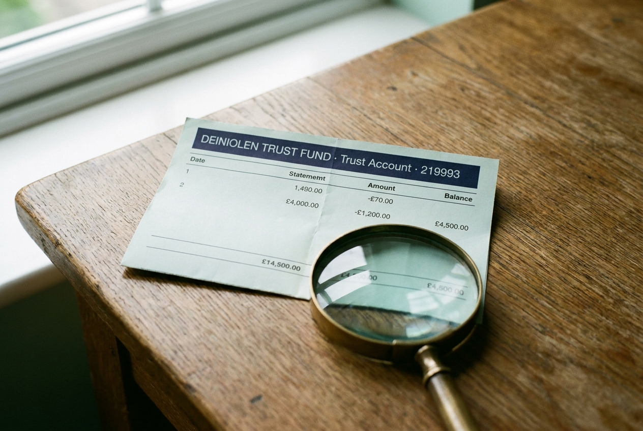 A printed bank statement on an oak table with the account-holder line 'DEINIOLEN TRUST FUND · Trust Account · 219993'.