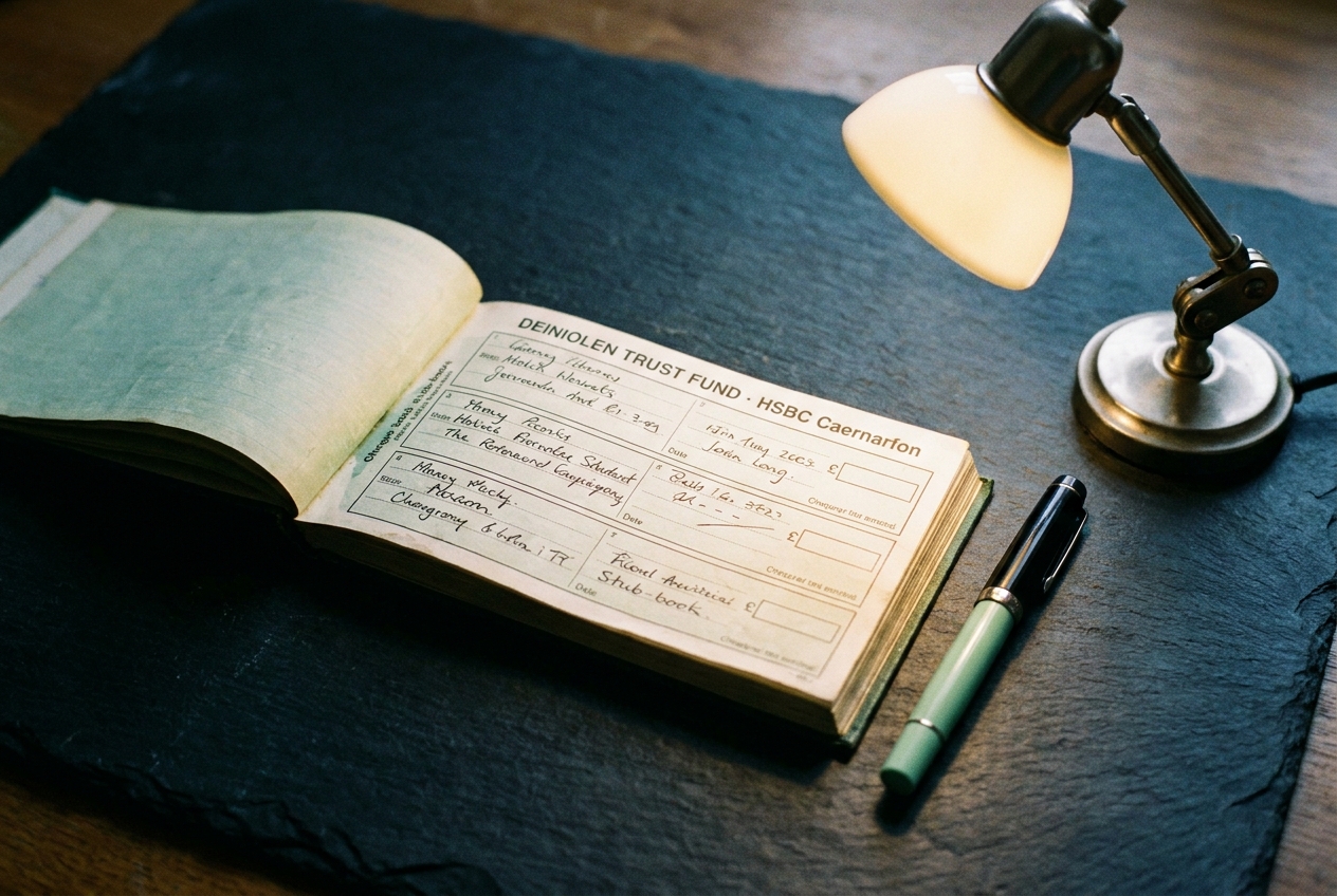 A cheque-book stub-book with filled-in stubs and the HSBC Caernarfon header.