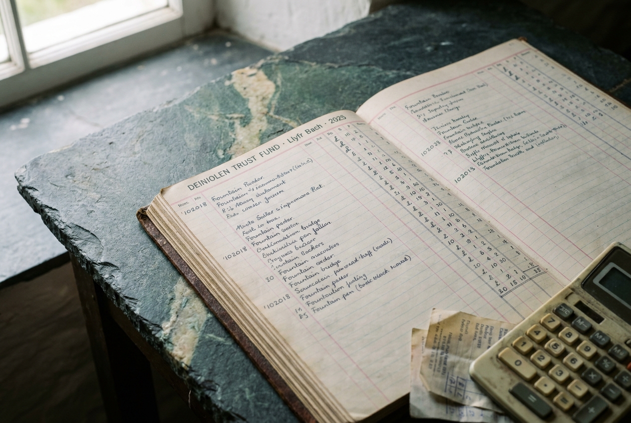 A hand-ruled ledger on a slate desk with fountain-pen columns of pounds-and-pence.