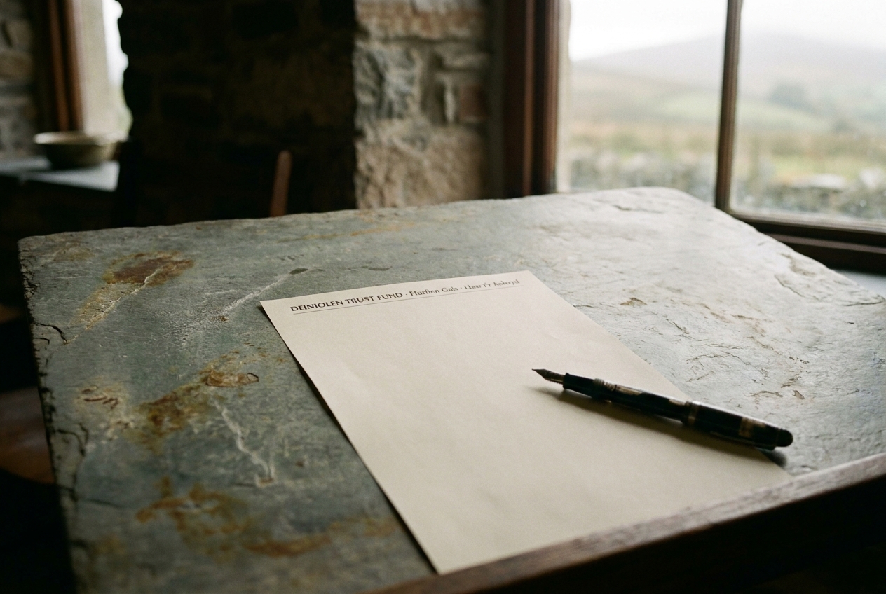 A blank application form for Llaw i'r Aelwyd on a slate desk with a fountain pen.