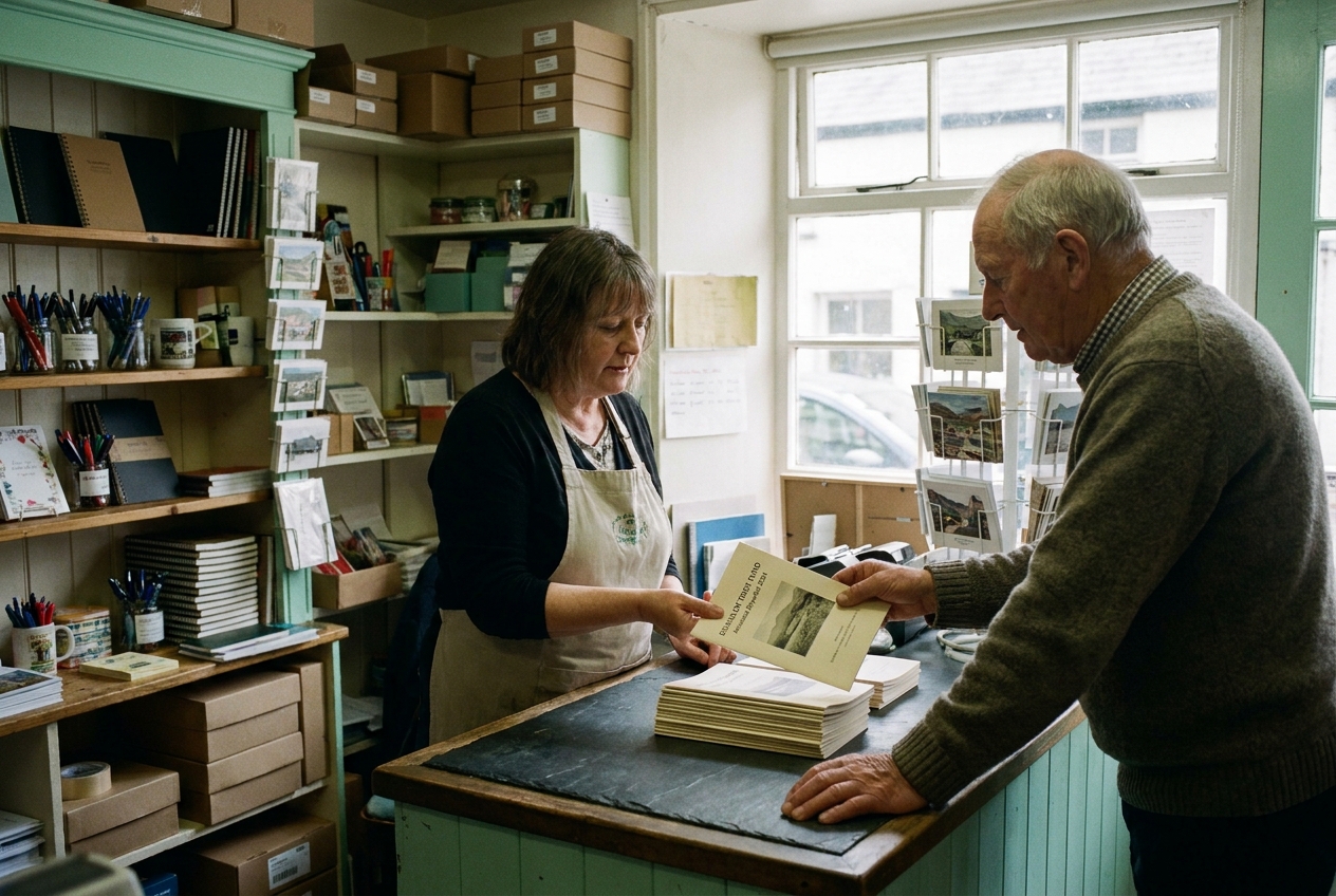 A small village stationer in Llanberis with a trustee collecting newly printed Trust pamphlets.