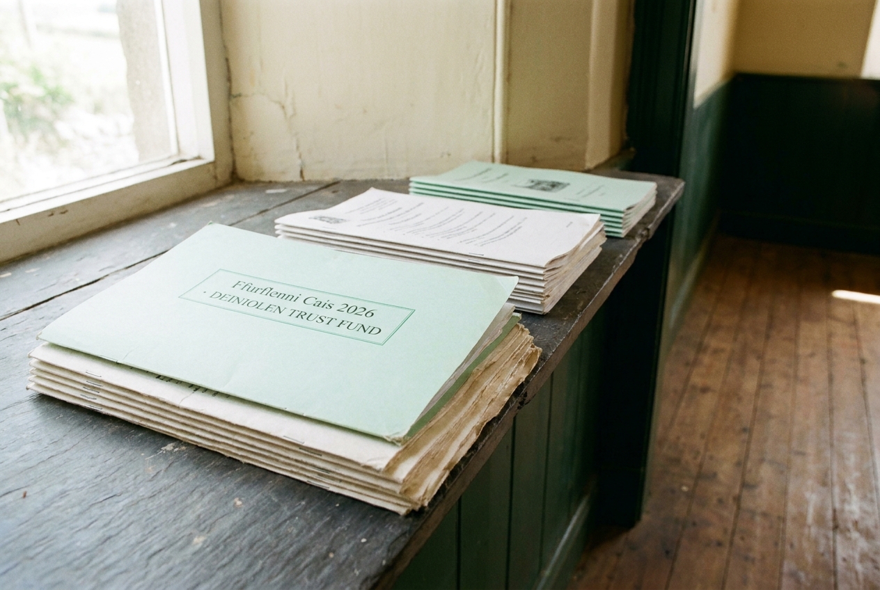A slate shelf with neatly stacked photocopied PDFs and booklets, top folder labelled Ffurflenni Cais 2026.