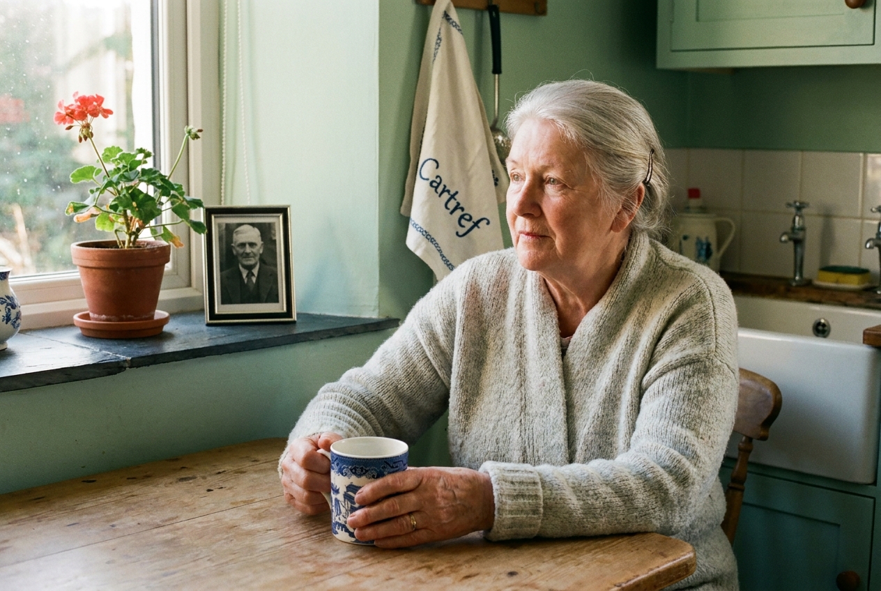 Eleri, 71, seated at her kitchen table in Deiniolen, hands wrapped around a mug.