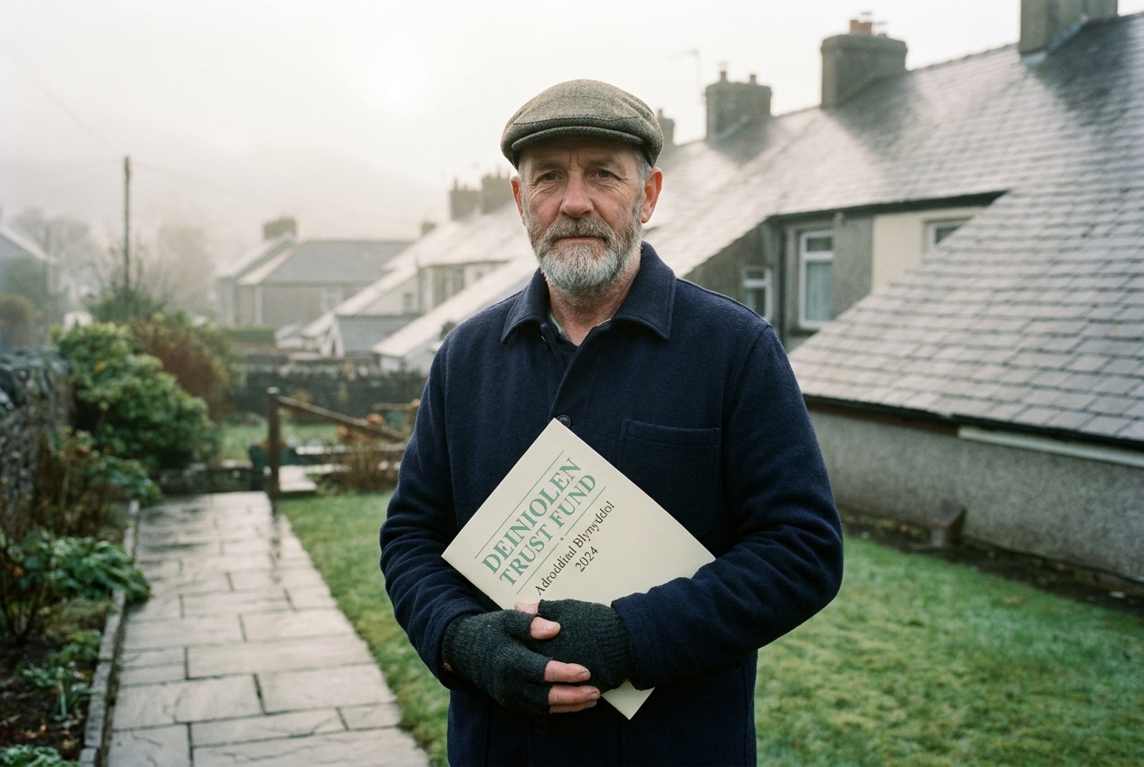 Ifor, 58, holding a copy of the Trust’s 2024 Annual Report on a slate path in Brynrefail.