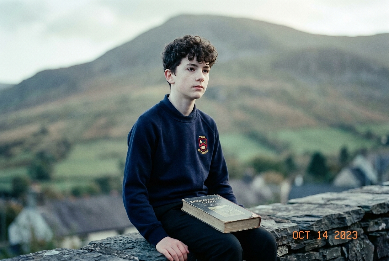 Tomos, 14, seated on a slate wall above Deiniolen with a book of Welsh poetry on his lap.
