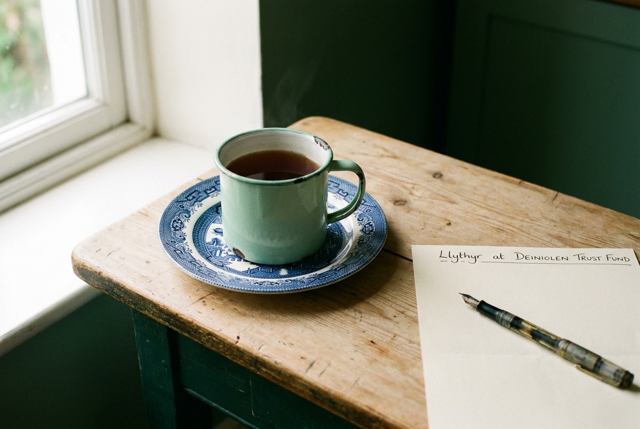 An enamel mug of tea beside a half-written letter on a kitchen table