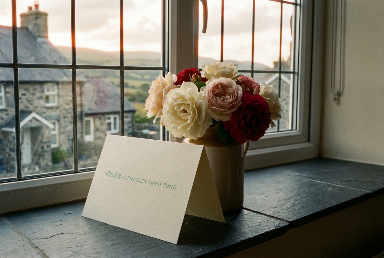 A thank-you card propped against a vase of garden roses.