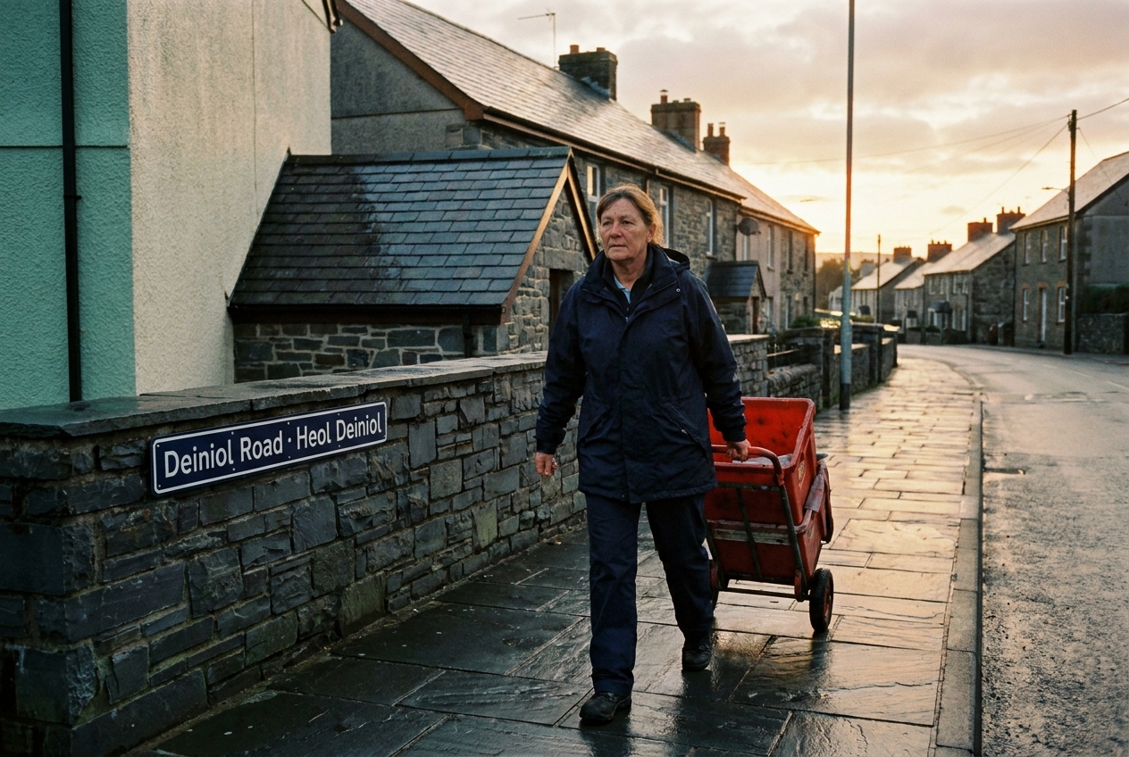 The slate-paved pavement of Deiniol Road in Deiniolen at golden hour, a postwoman pushing a red trolley.