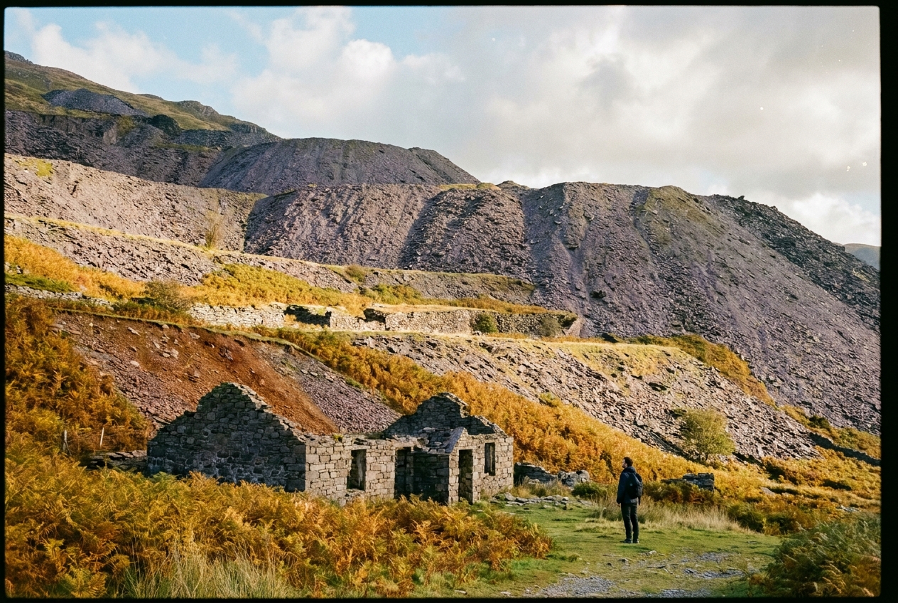 Disused slate galleries of Dinorwig quarry above the village.