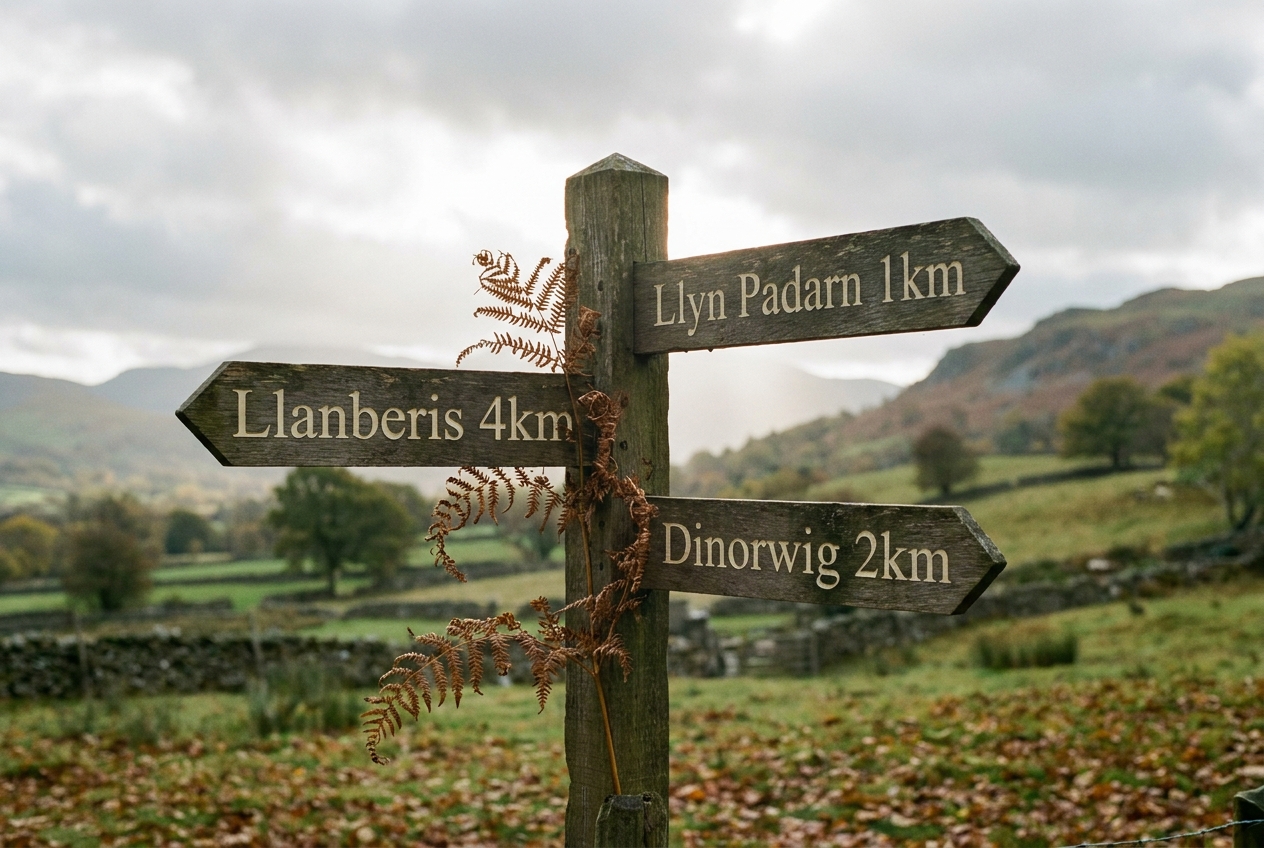 A wooden fingerpost at the edge of Deiniolen pointing to Llanberis, Llyn Padarn and Dinorwig.
