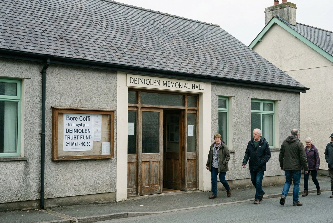 Deiniolen Memorial Hall exterior with a Trust notice in the glazed case.