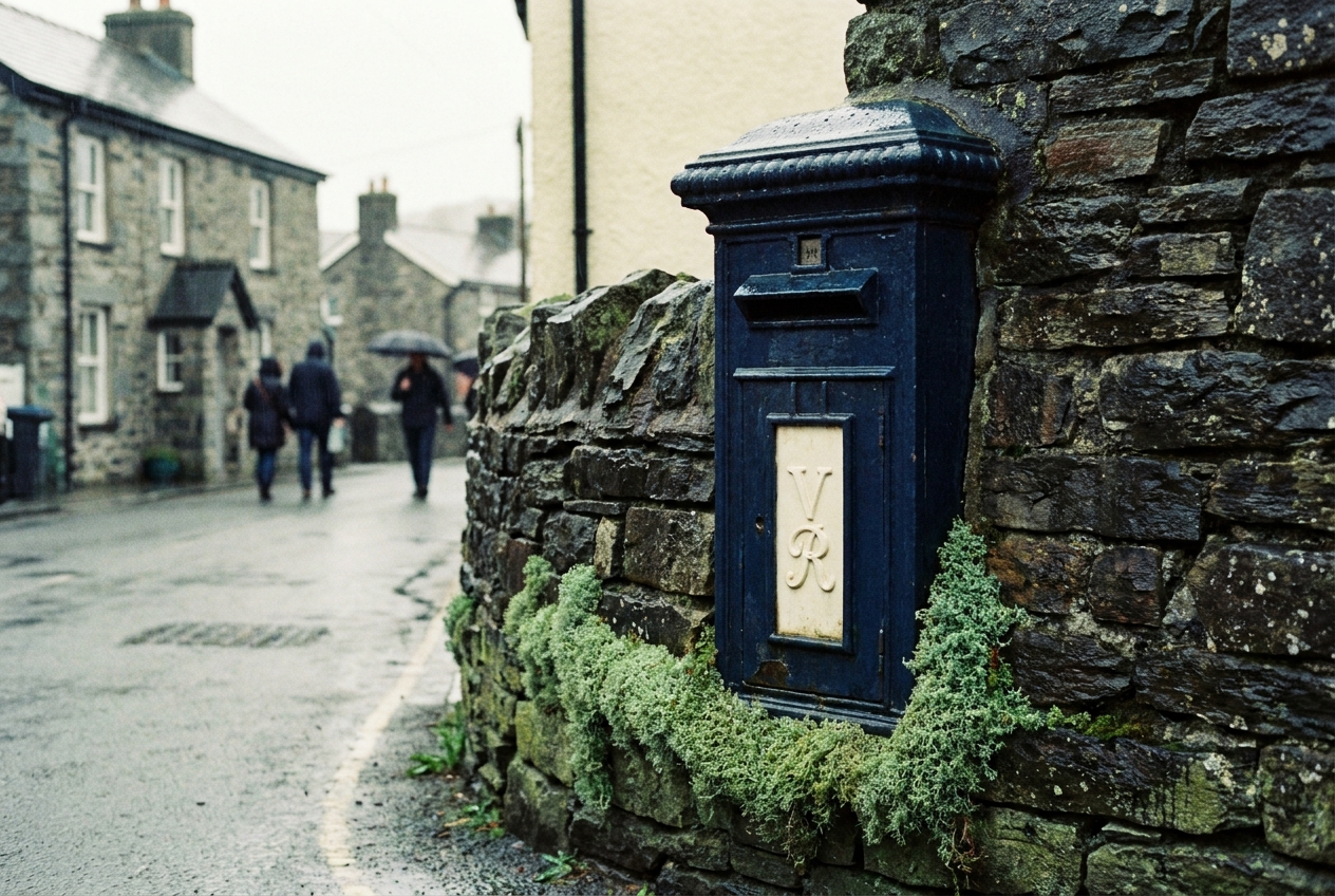 An old red Victorian pillar-box set into a Deiniolen drystone wall.