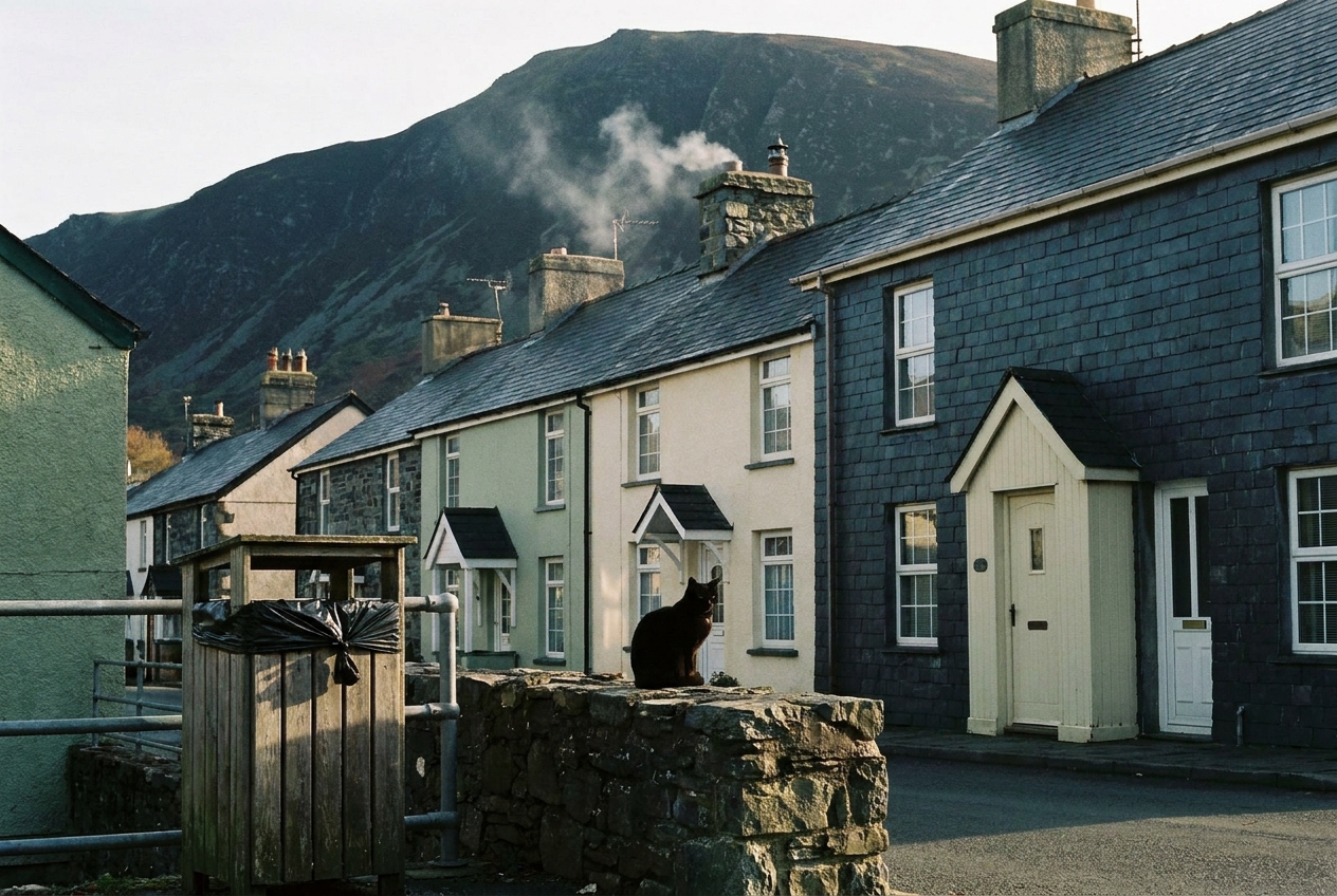 Slate-fronted terraces on Stryd Goch, Deiniolen, autumn morning.