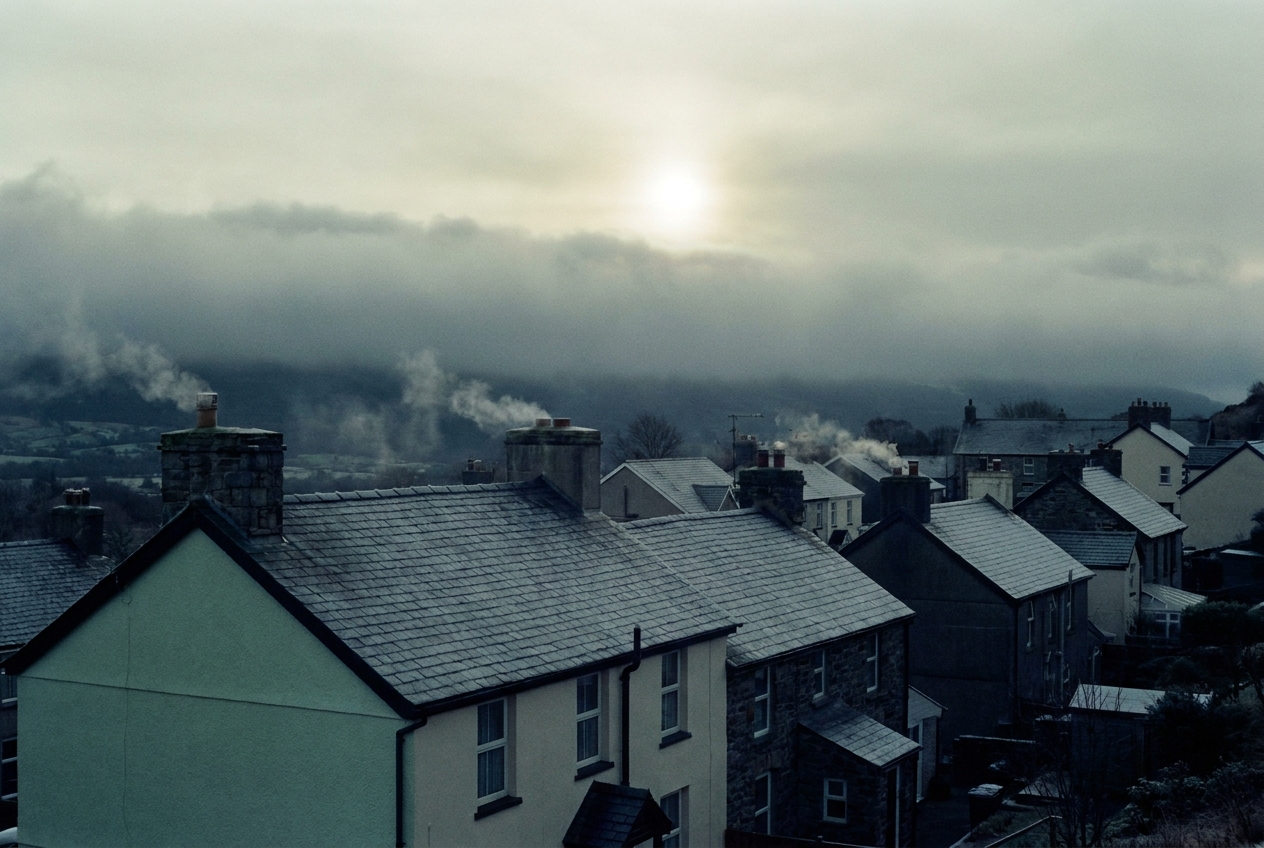 Slate roofs of Deiniolen in winter frost.