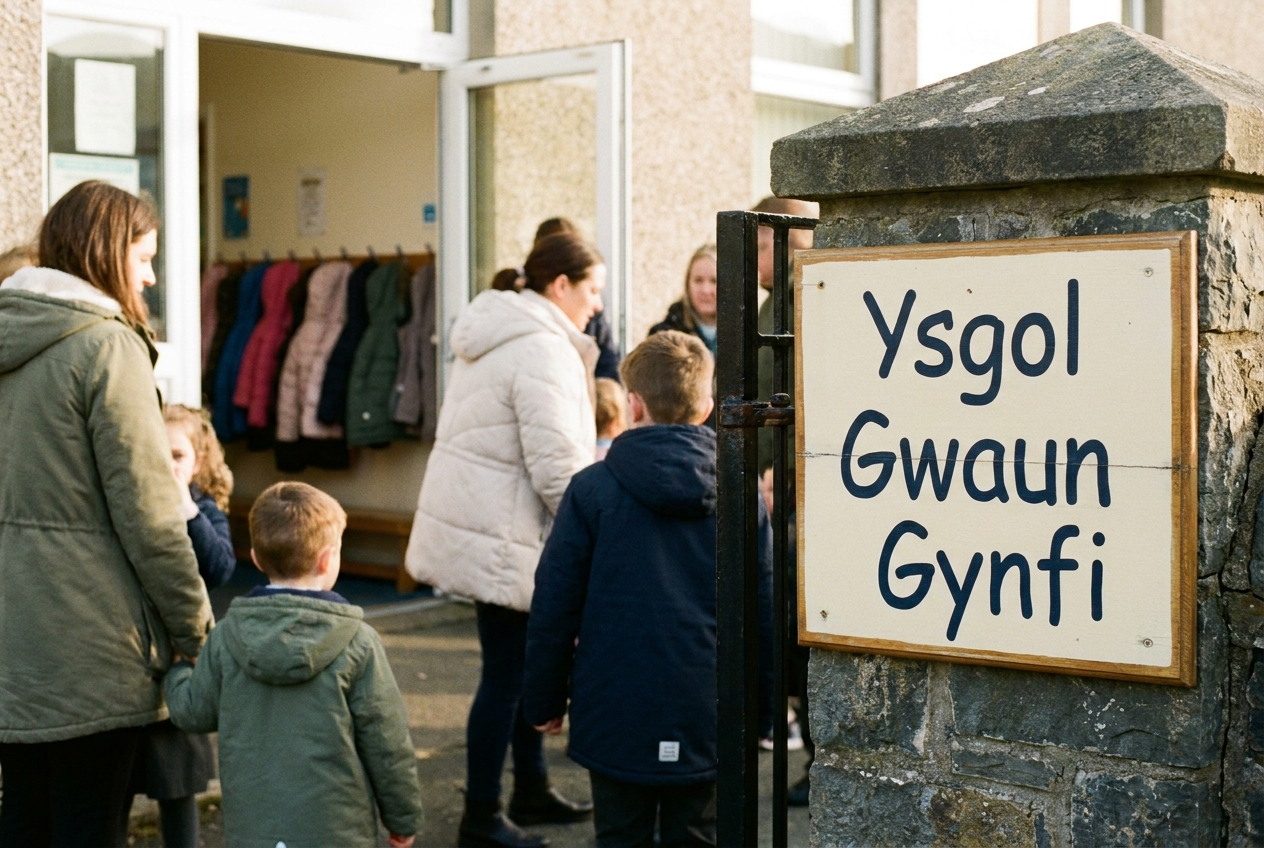 Ysgol Gwaun Gynfi school gate at home-time.
