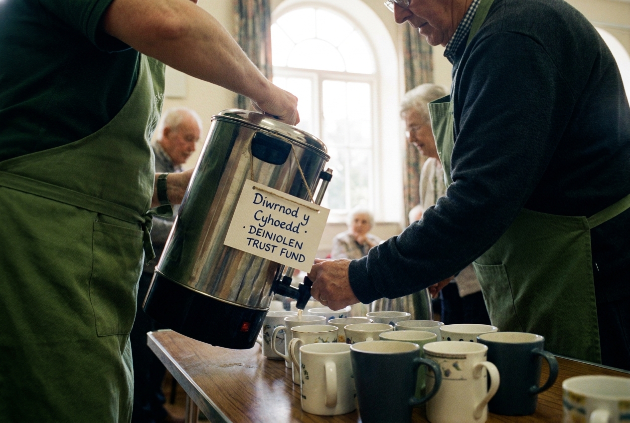 A volunteer in a green apron pouring tea from a stainless steel tea-urn at Deiniolen Memorial Hall.