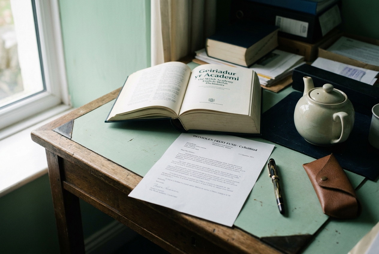 A translator's desk with the Welsh Academy dictionary and a Trust letter.