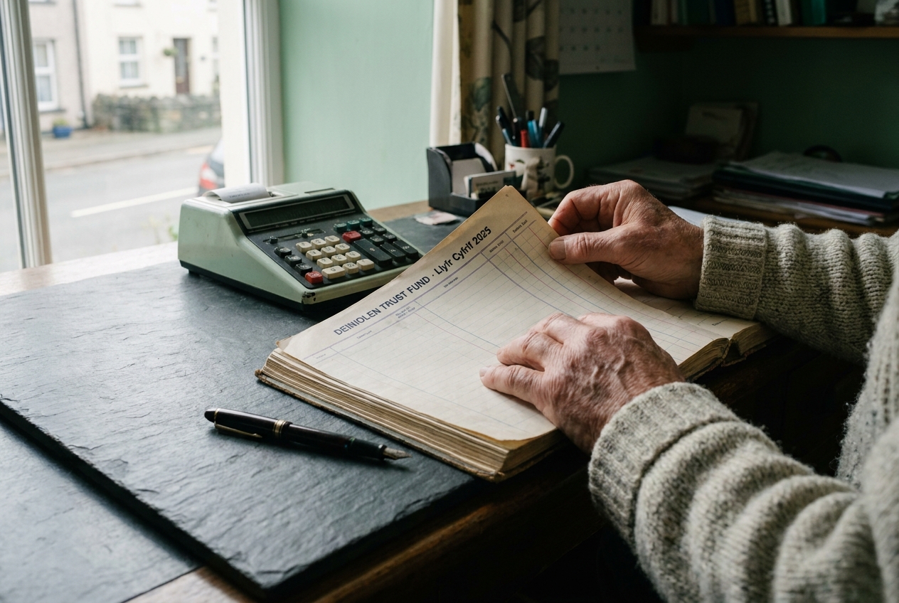 The treasurer's hands working through a paper ledger on a slate desk.